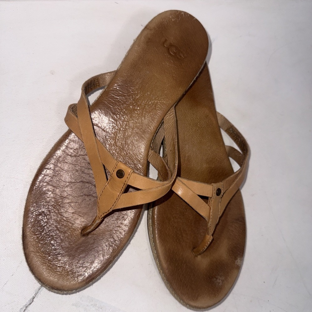 UGG Women's Brown Leather Espadrille Boho Annice Flat Thong Sandals Women's 8